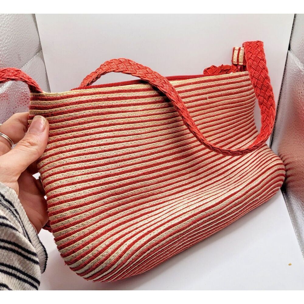 Liz Claiborne Woven Red and White Stripe Woven Rattan Wicker Bag 12.5in wide